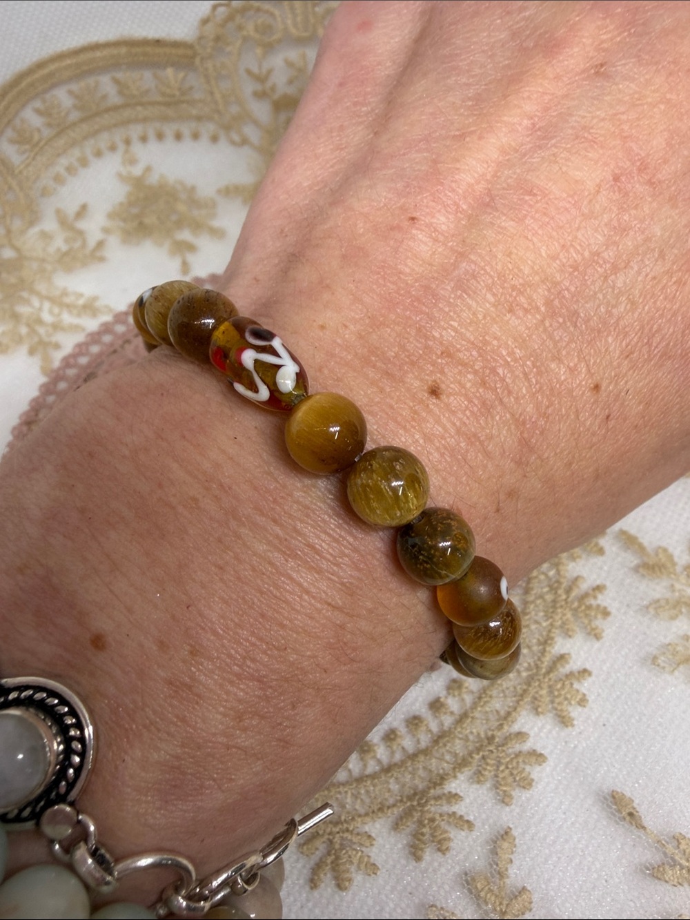 Natural Dream Tiger’s Eye & Vintage Lampwork Stretch Bracelet – Handmade Artisan